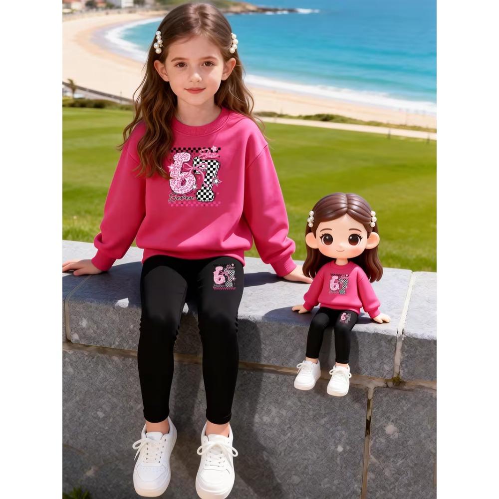Girls' Number Print Casual Comfortable Soft Loose Pullover Sweatshirt and Leggings 2-Piece Set, New Autumn/Winter, Playful, Sweet and Cool Style