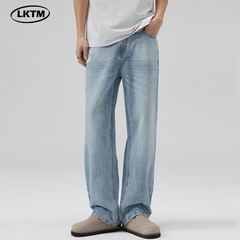 LKTM Men's Retro Washed Ice Blue Jeans - High-End, Versatile, Loose-Fit, Ripped Style