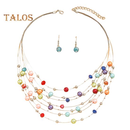 

1 комплект женских ожерелий и серег, многослойные цветные искусственные жемчужины в богемном стиле, регулируемая длина, серьги-крючки с искусственными кристаллами, украшения для выпускного вечера и шеи разноцветный