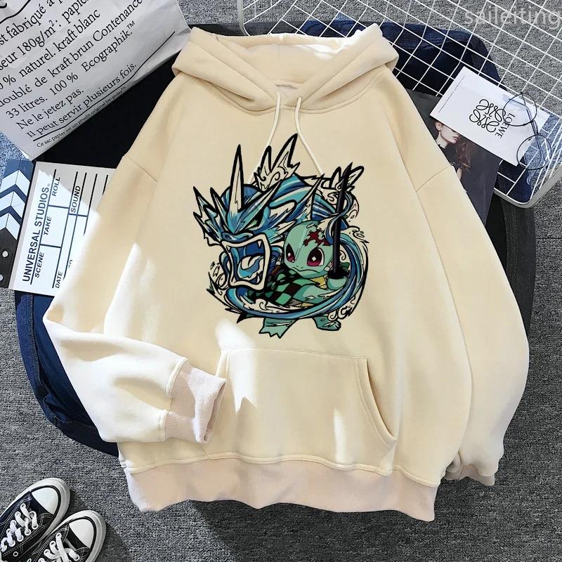 Japan Anime Demon Slayer Hoodies Japanese Casual Kangaroo Pocket Hoodie Harajuku Cartoon Manga Khaki Pullovers Aesthetic Clothes