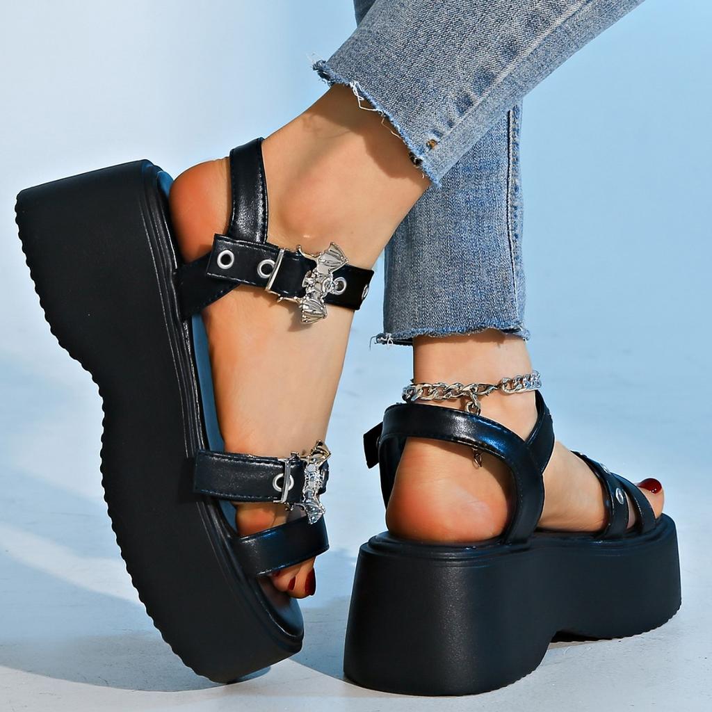 New Summer Women's Stunning Beauty Niche Open-toed Rivets Heightening Muffin Platform Sandals Women's Slope Heel Mary Jane Super