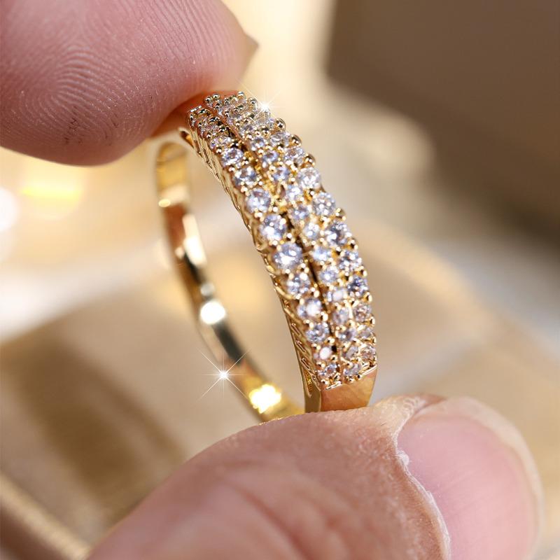 Cubic Zirconia Dazzling Threerow Finger Rings For Women Elegant Gold Color Promise Ring Wedding Band Jewelry Gift