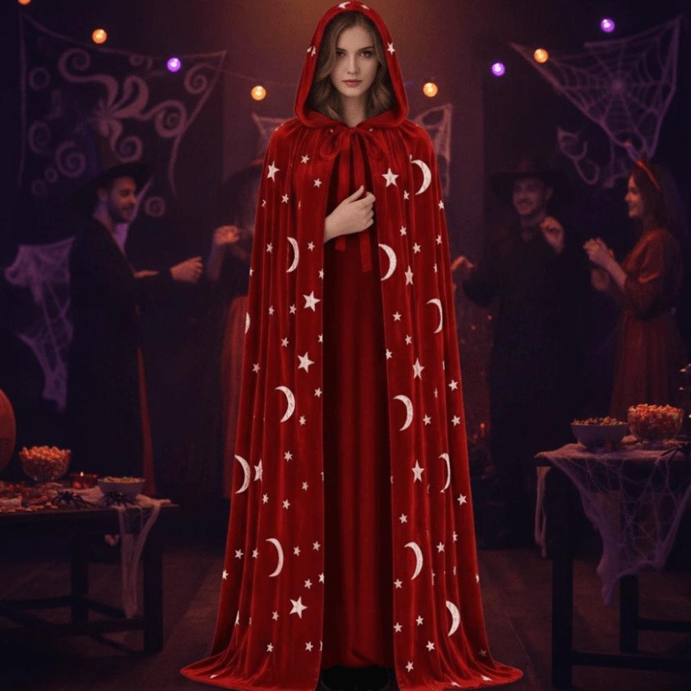 Soft Fabric Velvet Hooded Cloak Tie Up Closure Gothic Party Apparel Costume Robe Halloween Night