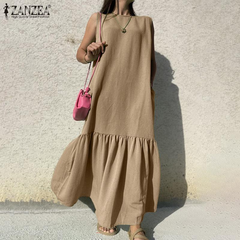 

ZANZEA Женское свободное повседневное летнее длинное платье без рукавов с круглым вырезом