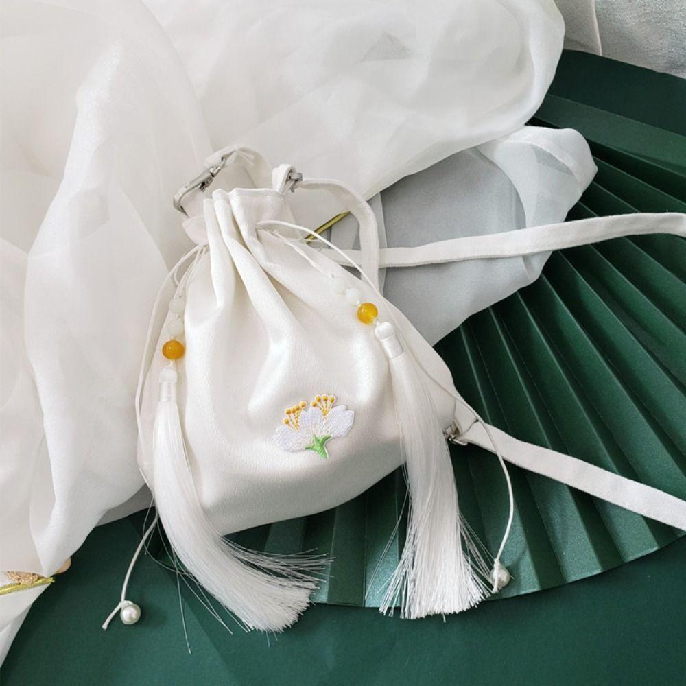 Tassel Embroidery Flower Handbag Chinese Style Floral Bucket Bag Hanfu Silk Drawstring Bag  Travel
