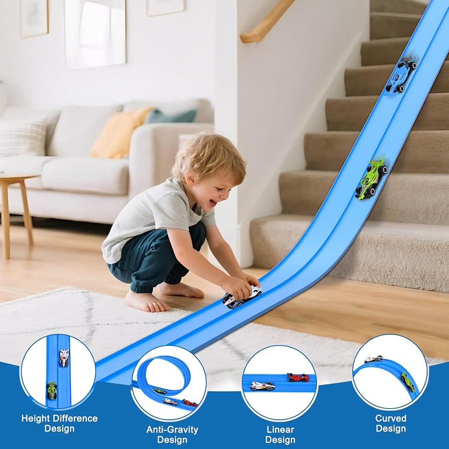 Plastikowy elastyczny tor wyścigowy Ra dla dzieci z 12 przyssawkami i 4 żółtymi uszczelkami Kompatybilny z 4 metalowymi pojazdami odlewanymi 1:64 Samochody