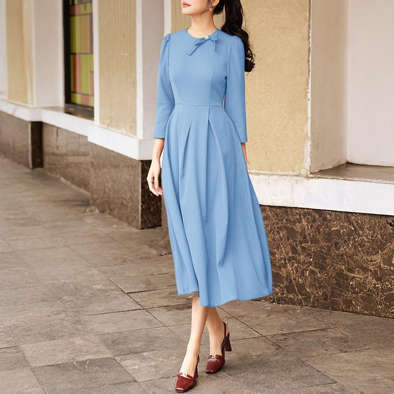ZANZEA Women Casual Round Neck Solid Color 3/4 Sleeve Midi Dress