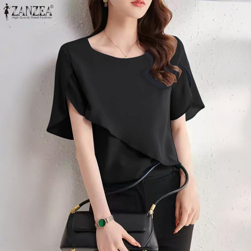 ZANZEA Blusa holgada informal de manga corta con cuello redondo de verano para mujer
