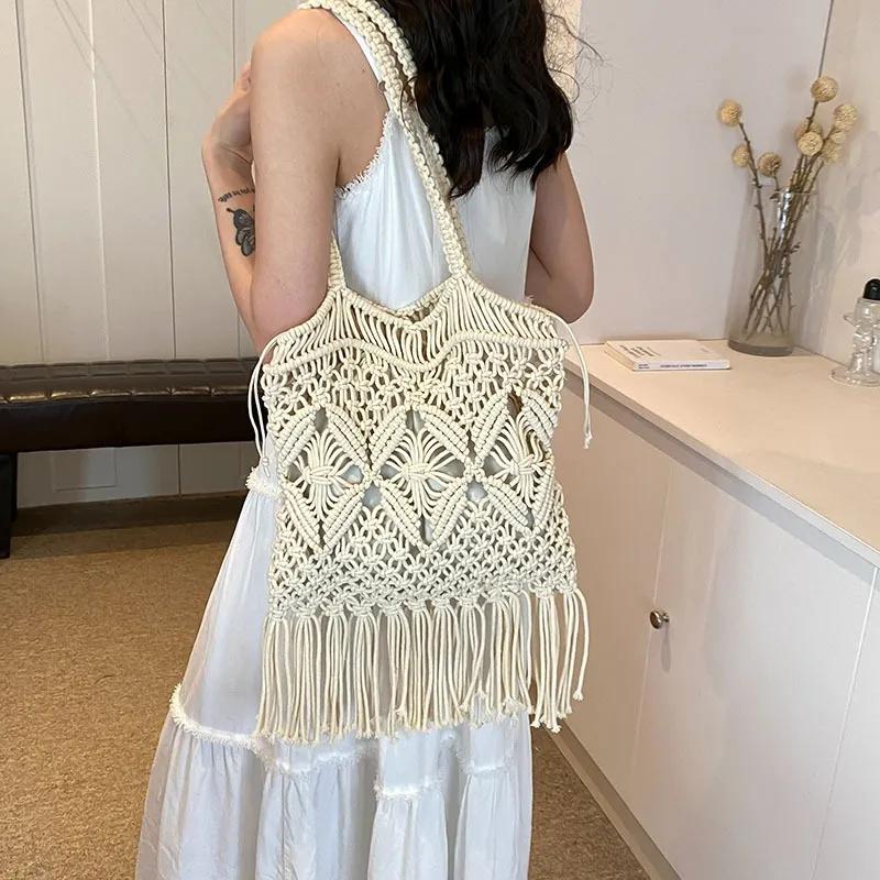 WTEMPO Straw-woven Bag Retro Hollowed-out Hand-woven Single-shoulder Cotton Thread Crossbody Bag Casual Vacation Bucket Beach Bag