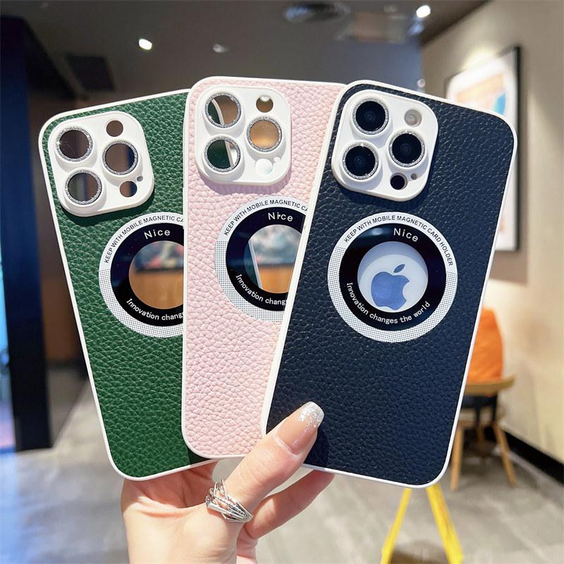Skórzane logo biznesowe z dziurką etui na telefon Iphone 14 13 12 11 Pro Max 14 Plus 14pro 11 odporna na wstrząsy miękka osłona obiektywu tylna okładka