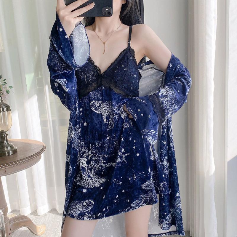 Golden Velvet Women's Autumn Nightdress Robe with Ink Painting Print and Chest Pad