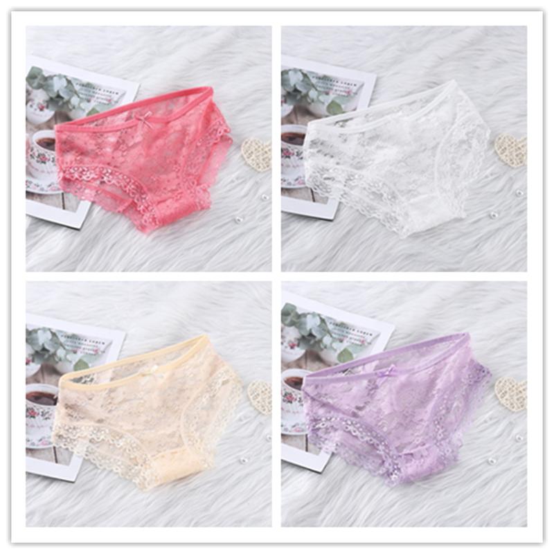 Girls' Sexy Lace Briefs Breathable Underwear with Butterfly Knot Carved Mid Air Waist Knickers Solid Color Women's Triangle Panties