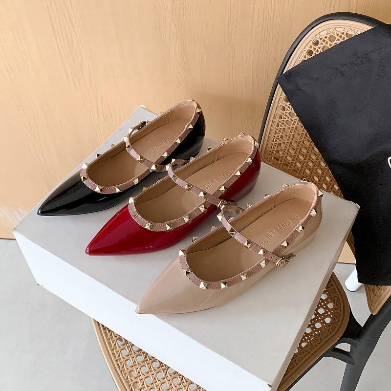 Sheepskin version~ inner height increase cm pointed one-word strap single shoes women's new shallow mouth versatile rivet Mary Jane shoes