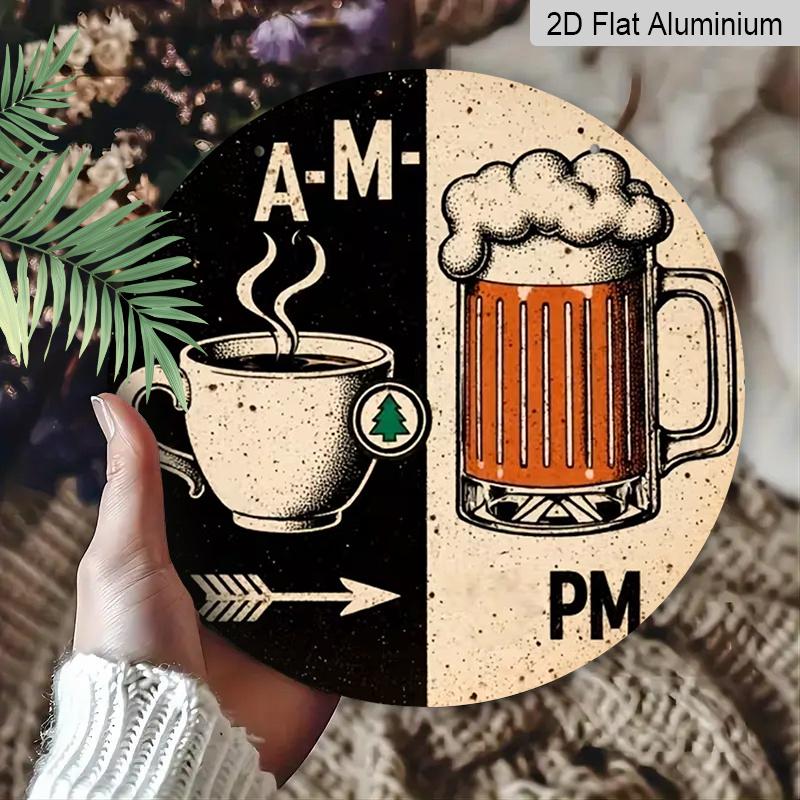 2D Flat Aluminum 7.87 Inch X 7.87 Inch "Morning Coffee, Afternoon Beer" Style Wall Hanging. Suitable for Bars, Living Rooms, Kitchens, Cafes, Clubs