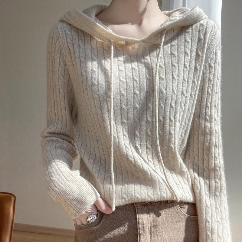 2024 Autumn/Winter Women's Cable Knit Cashmere Hoodie: Loose-Fit Fashion Pullover