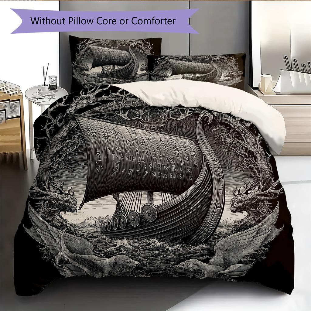 Viking Longship Pattern Bedding Home Decoration Birthday Gift (1 * duvet cover + 2 * pillowcase, without core)