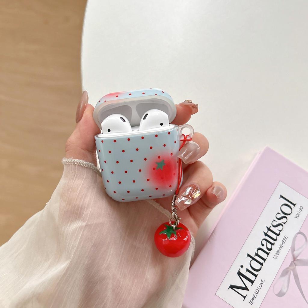 Colorful Wave Point Strawberry Tomato Four Leaf Clover With Pendant Earphone Case Cover for AirPods 1 or 2 3 4 Pro 2 Pro 3