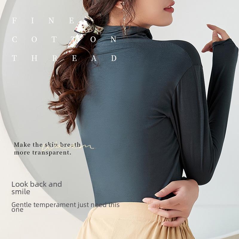 Top de Modal de Cuello Alto de Manga Larga y Corte Ajustado para Mujer Otoño 2023