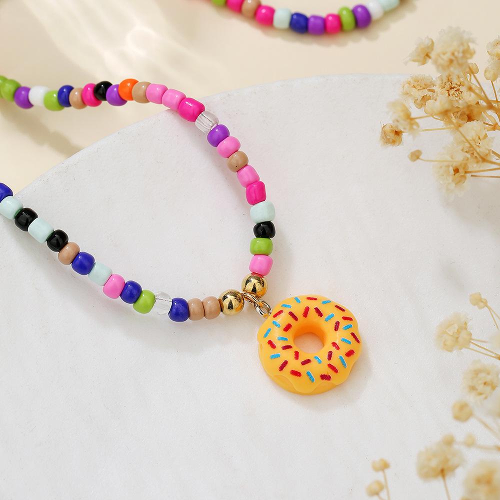 Color Beaded Cartoon Necklace, Niche Versatile Acrylic Donut Pendant Rice Bead Necklace