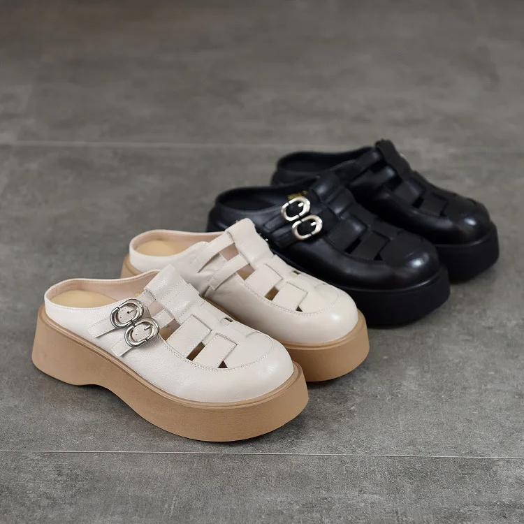 Johnature Runde Zehenpartie, ausgehöhlte Outdoor-Hausschuhe für Damen, leichte Sandalen aus echtem Leder mit dicker Sohle