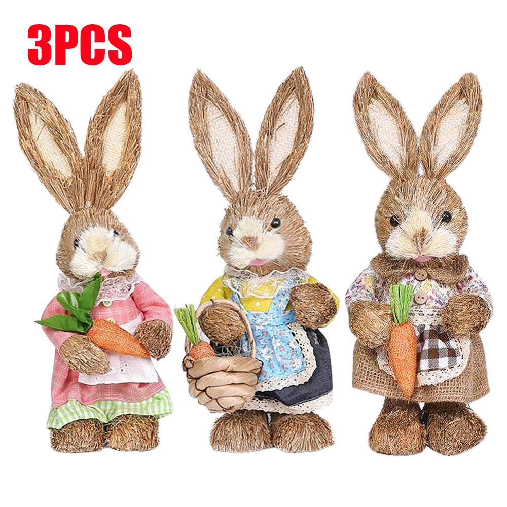 1-3PCS Bunny Decor Easter Decorations Garden Ornaments Straw Rabbit Exquisite Hand Gifts Creative Straw Bunny With Carrot Decor
