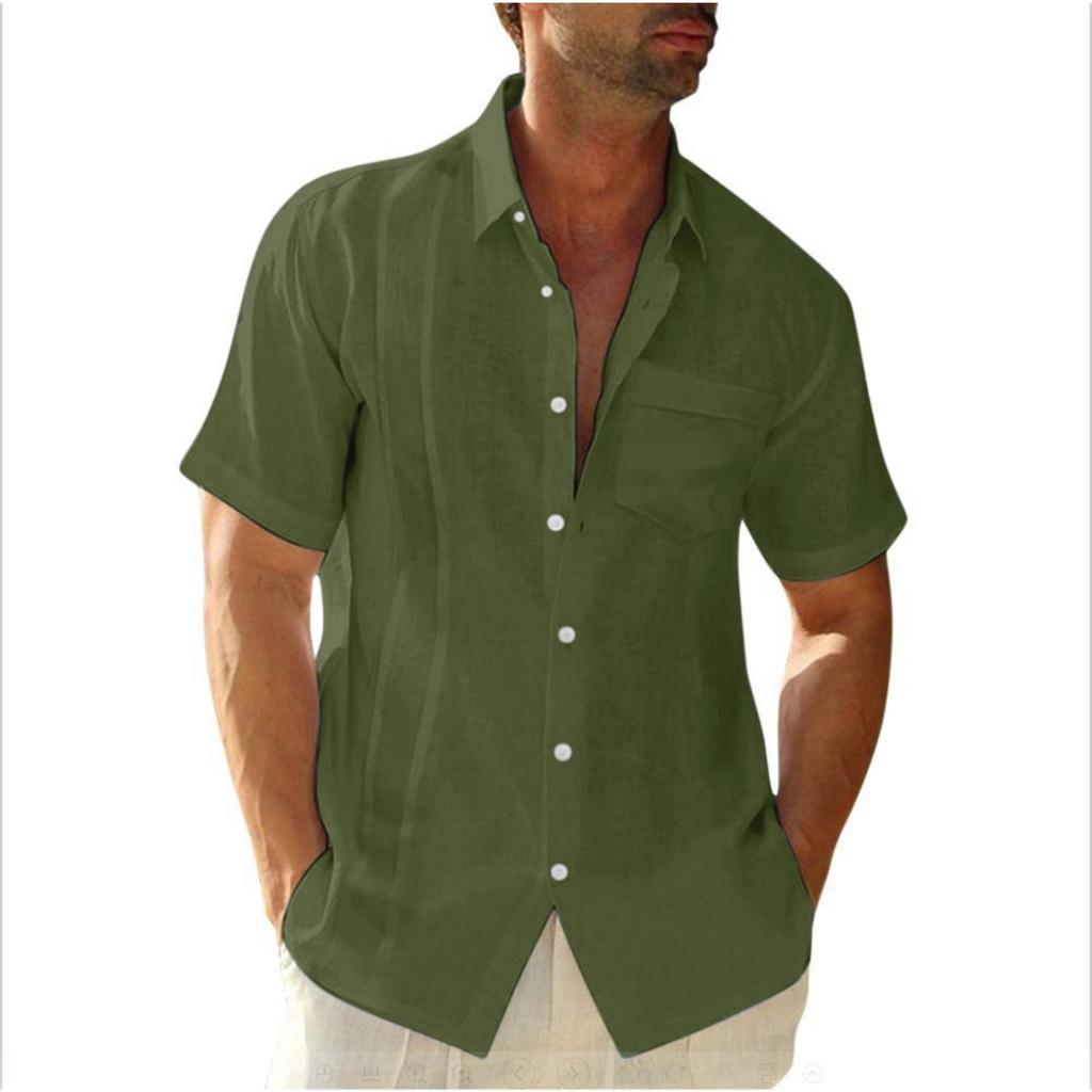 Men's Casual And Fashionable -color Lapel Button Cardigan, Cotton And Linen Men's Short-sleeved Top