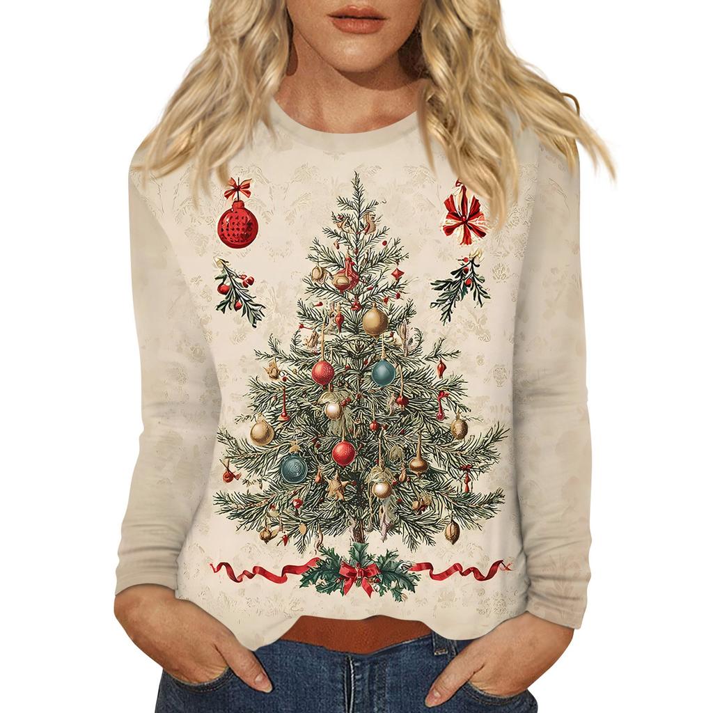 Women's Fashion Casual Christmas Printed Round Neck Long Sleeve Pullover Top