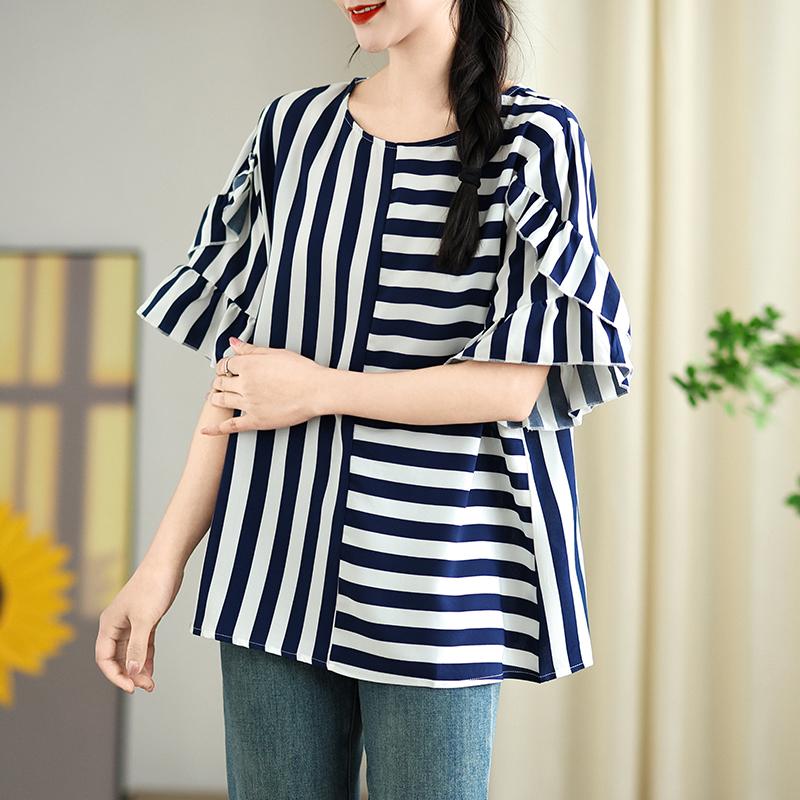 DIMANAF 2025 Summer Plus Size Short Sleeve T-Shirt Stripe Women O-Neck Loose Basic Tops Tees