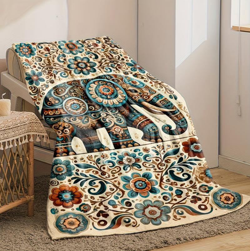 1 Stück Böhmische Elefanten Geometrisches Muster Flanelldecke - Weiche Warme Ganzjahresdecke für Sofa Bett Büro Familie Gemischte Farben