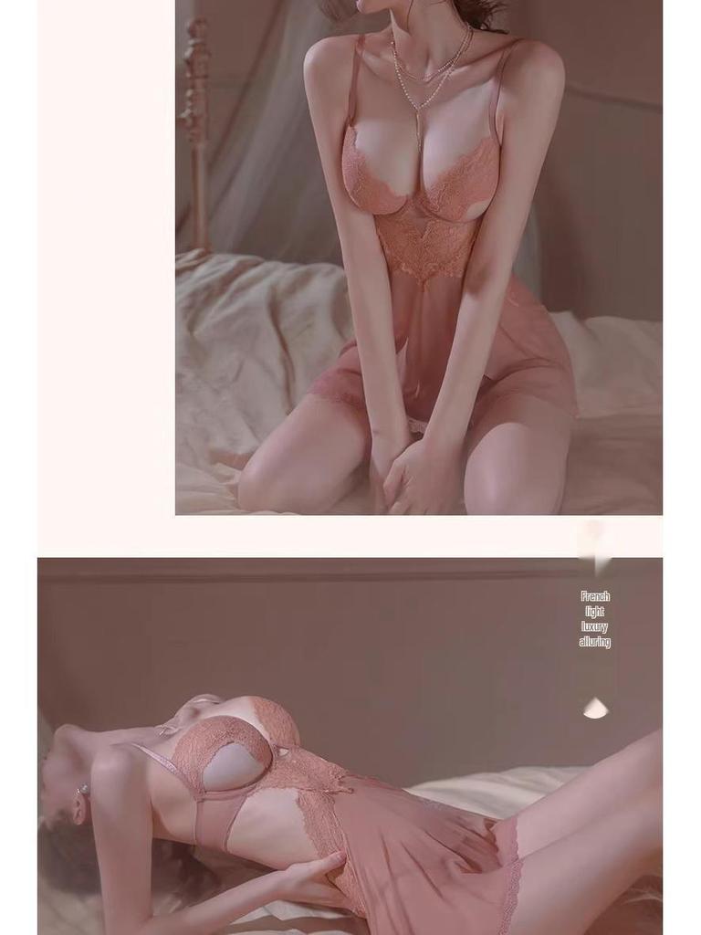 Sensual Mesh Lace Sling Nightdress with Gathered Front and Removable Padding