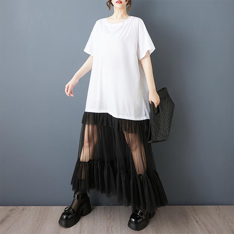 Dimanaf New 2025 Plus Size Summer Dress Women Lace Pleated Spliced Vintage Casual Loose Dress Maxi