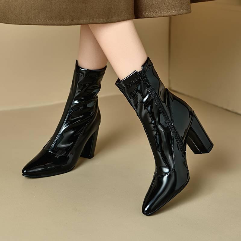 

Осенне-зимние однотонные модные ботинки из лакированной кожи большого размера женские ботинки боковая молния высокий каблук остроносые кожаные ботинки квадратный каблук новые меди 39 чёрный