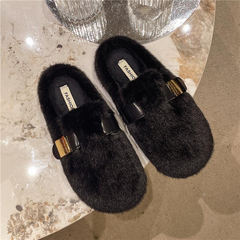 

Слипперы с плоской подошвой и пушистой головкой-мешком для женской уличной обуви 2025 новый осенне-зимний продвинутый стиль с плюшевой головкой-мешком и хлопковыми стельками на одной педали 40