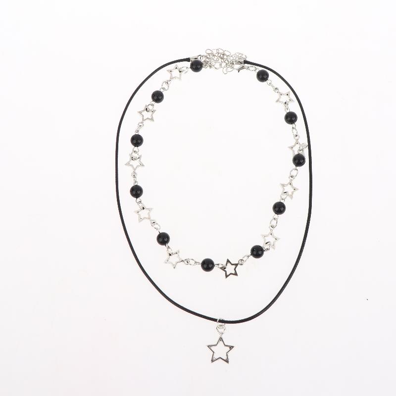Dvouvrstvý černý korálkový hvězdicový choker náhrdelník Punk pentagram kožené šňůrky Náhrdelníky pro ženy dívky