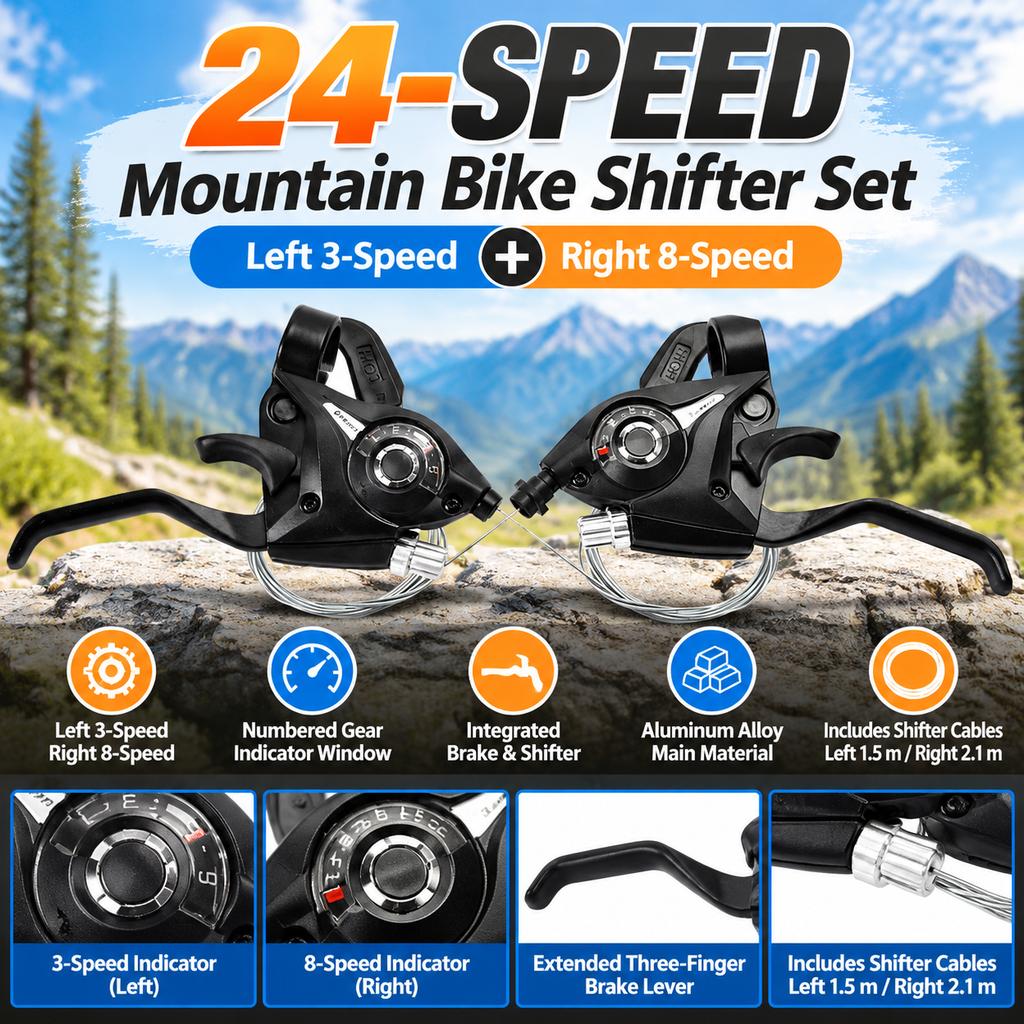 Mountain Bike Shifter Set with Integrated Brake Lever, 3x7/3x8 Speed, Clamp-On
