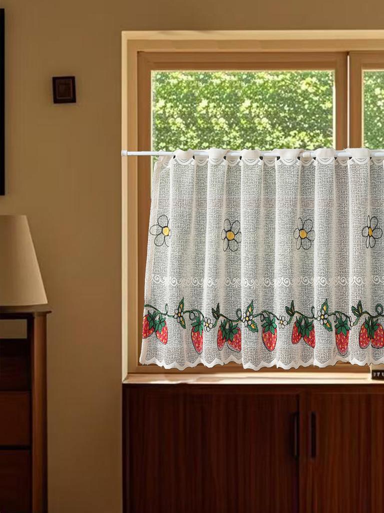 Amerikanischer Stil Kurze Erkerfenster Vorhänge Ohne Bohren Einfacher Stil Fenster Gitter Lichtdurchlässig Staubdicht Erdbeer Muster