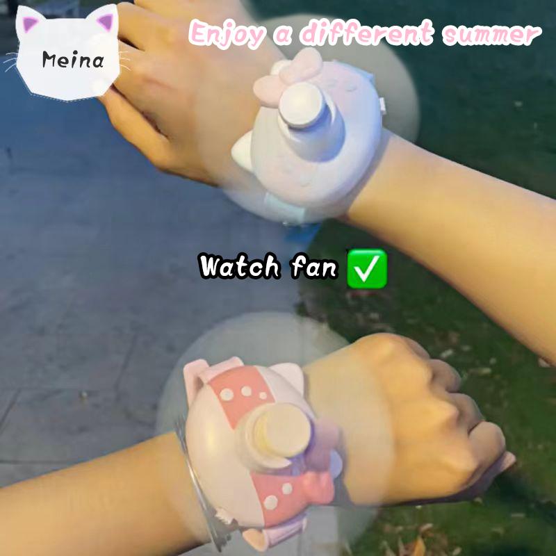 Kawaii Cartoon Kt Cat Wrist Fan Summer Rechargeable Student Children Portable Watch Small Fan Wind Force Usb Fan Kids Gifts