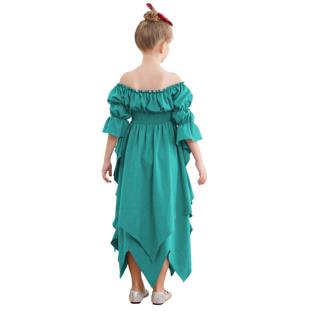 Costume Vittoriano Rinascimentale per Bambina Medievale Gotico Spalle Scoperte Manica 3/4 Arricciato Orlo Irregolare Vestito