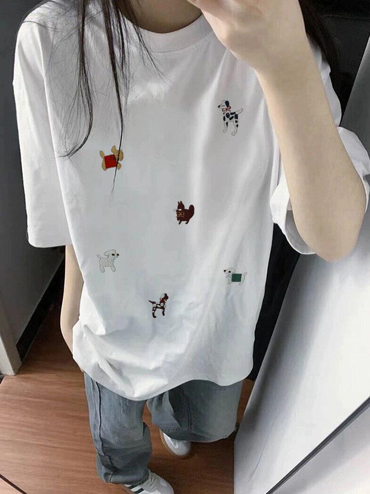 Pure cotton cartoon short-sleeved t-shirt women's new summer loose front shoulder design sense niche American half-sleeved top