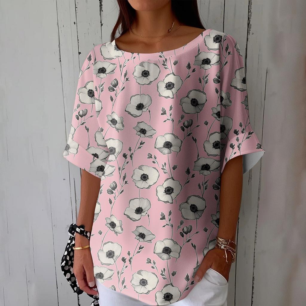 Women's Fashionable Casual Round Neck Printed Top Loose Top Printed Top Loose Top
