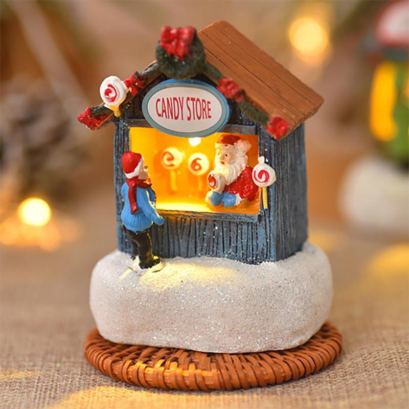 Christmas LED Houses Claus  Pine Needles Snow Christmas Snowman Glowing Ornaments Resin Santa View Holiday Gift Toys for Kids