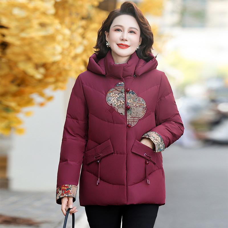 Down Jacket Women's National Wind Embroidery New Middle-aged and Elderly Loose Winter Clothes Joker Hooded White Duck Down Coat