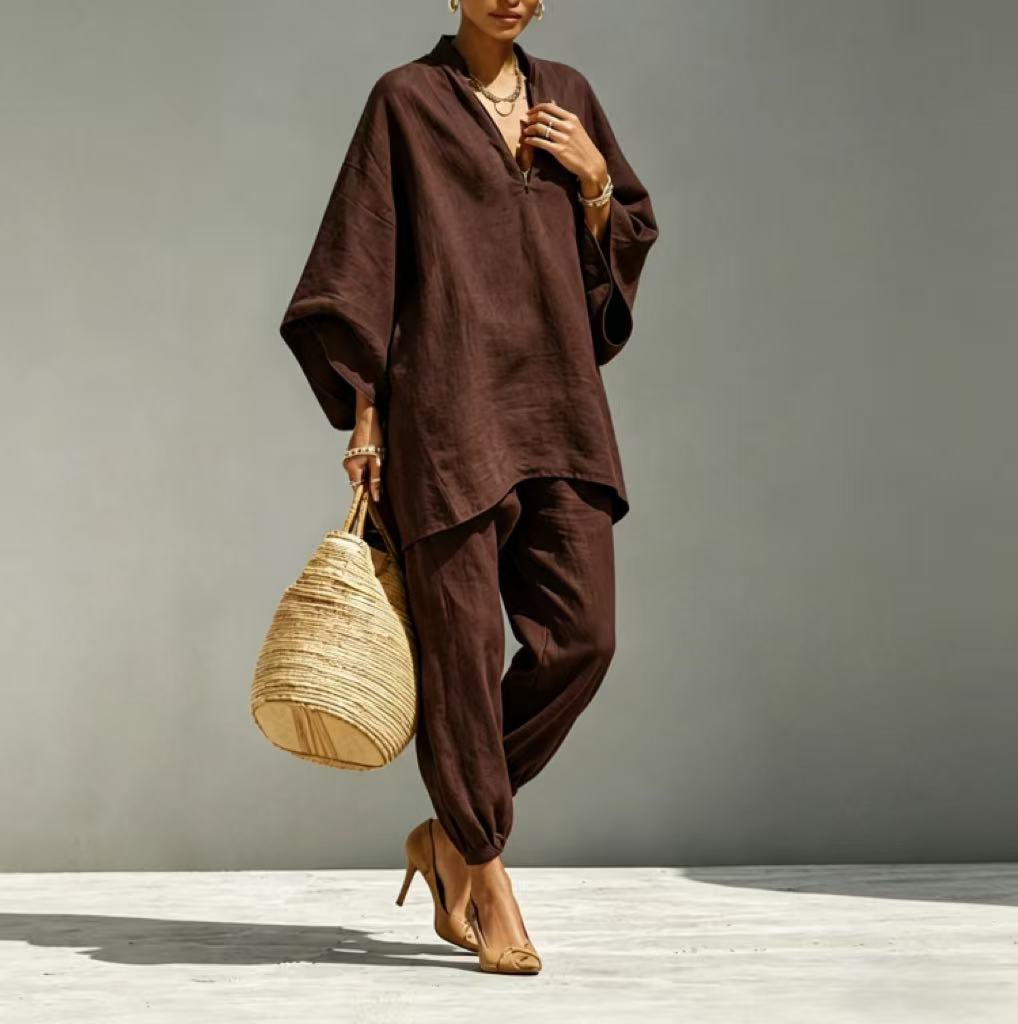 2026 Fashion Women's Solid Color, Casual Style Design Bat Sleeve V-Neck Lazy Loose Suit Women