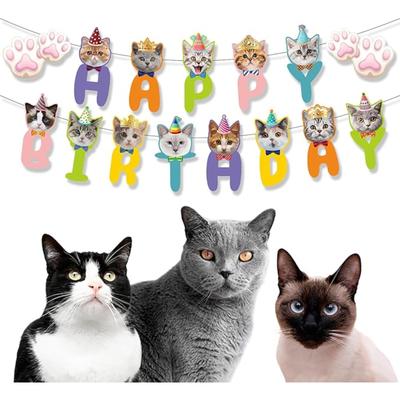 Cat Themed Birthday Banner - Cat Face and Paw Print Happy Birthday Decor, for Boys, Girls, Kids, Adults and Pets