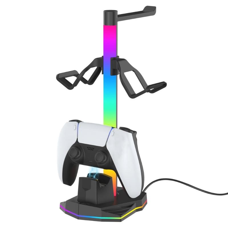 Game Controller Charging Dock Base With Led Lighting And Headphone Holder For P5 Organized Gaming Setups