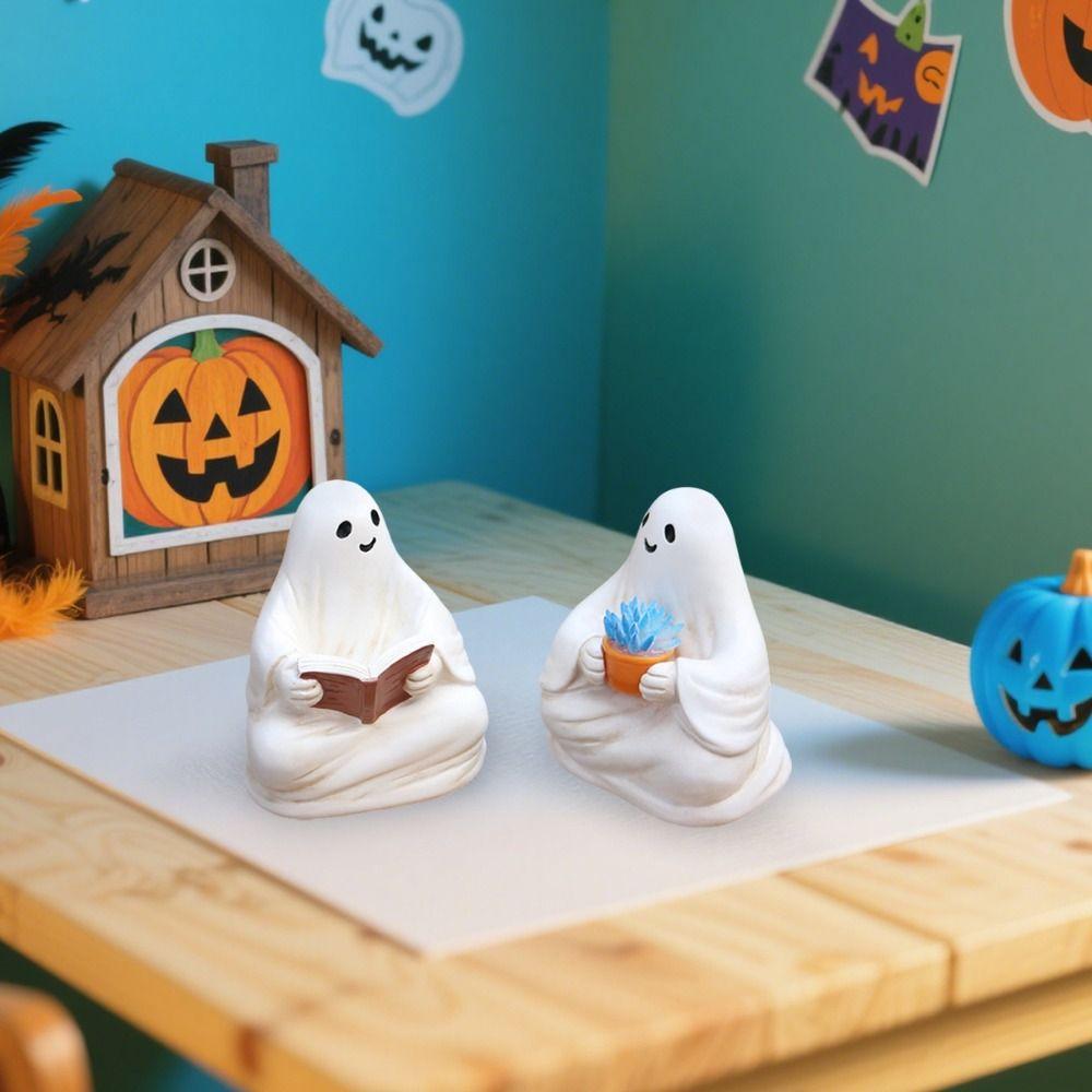 2pcs Resin Halloween Ghost Ornaments Cute Reading Ghost Statue Micro Landscape Ghost Sculpture  Gift