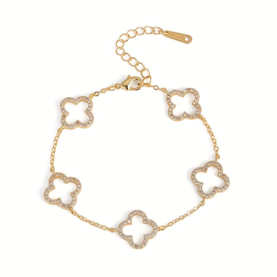 Women's Elegant Luxury Hollow Four-Leaf Flower Bracelet, French Style Jewelry Suitable for Daily Wear and Layering