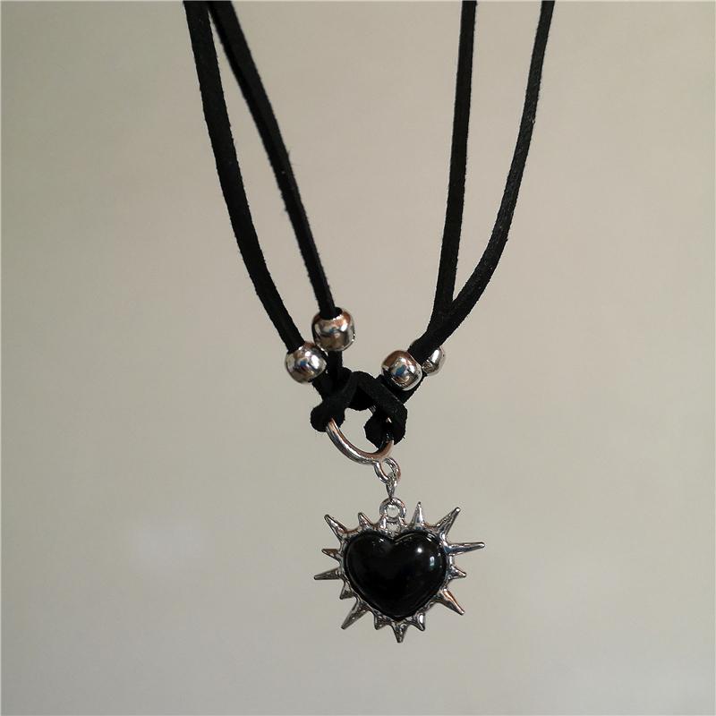 Thorn Black Heart Brown Moonstone Sun Pendant Rope Chain Necklace For Women Punk Y2K Charms Grunge Hip Hop Gothic Accessories