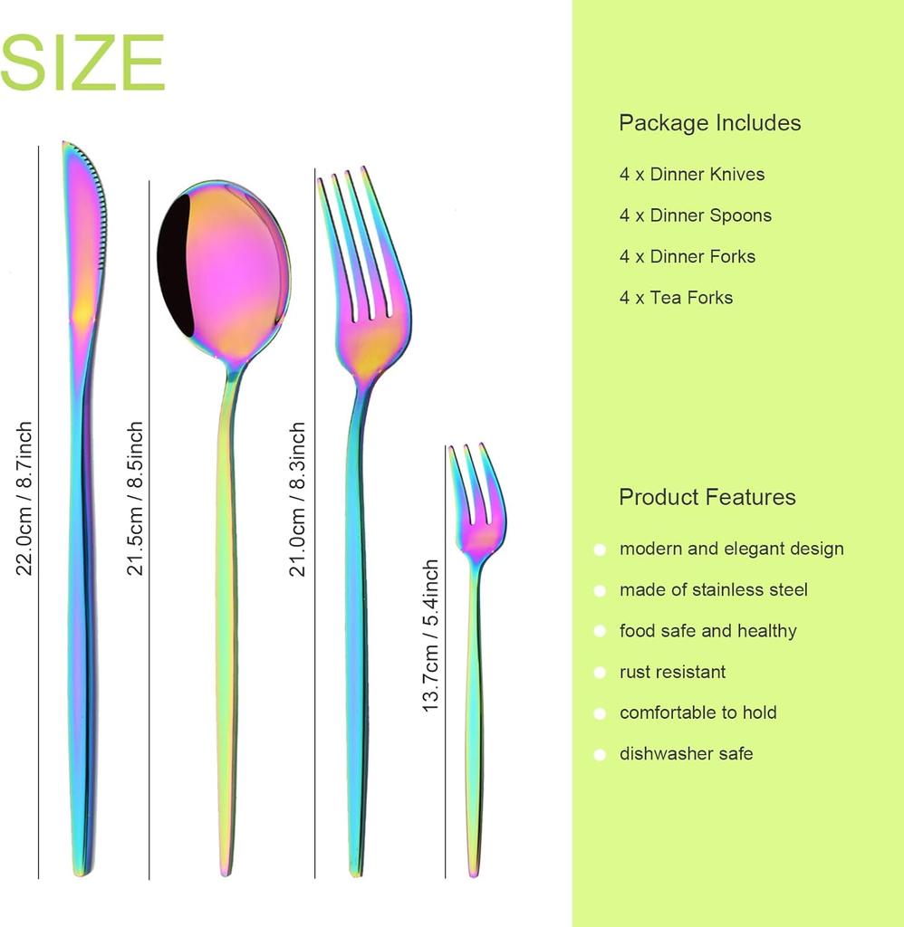 16 Pieces Colorful Silverware Tableware Set Service for 4, Stainless Steel Flatware Kitchen Cutlery Utensils Set for Home Kitchen Restaurant