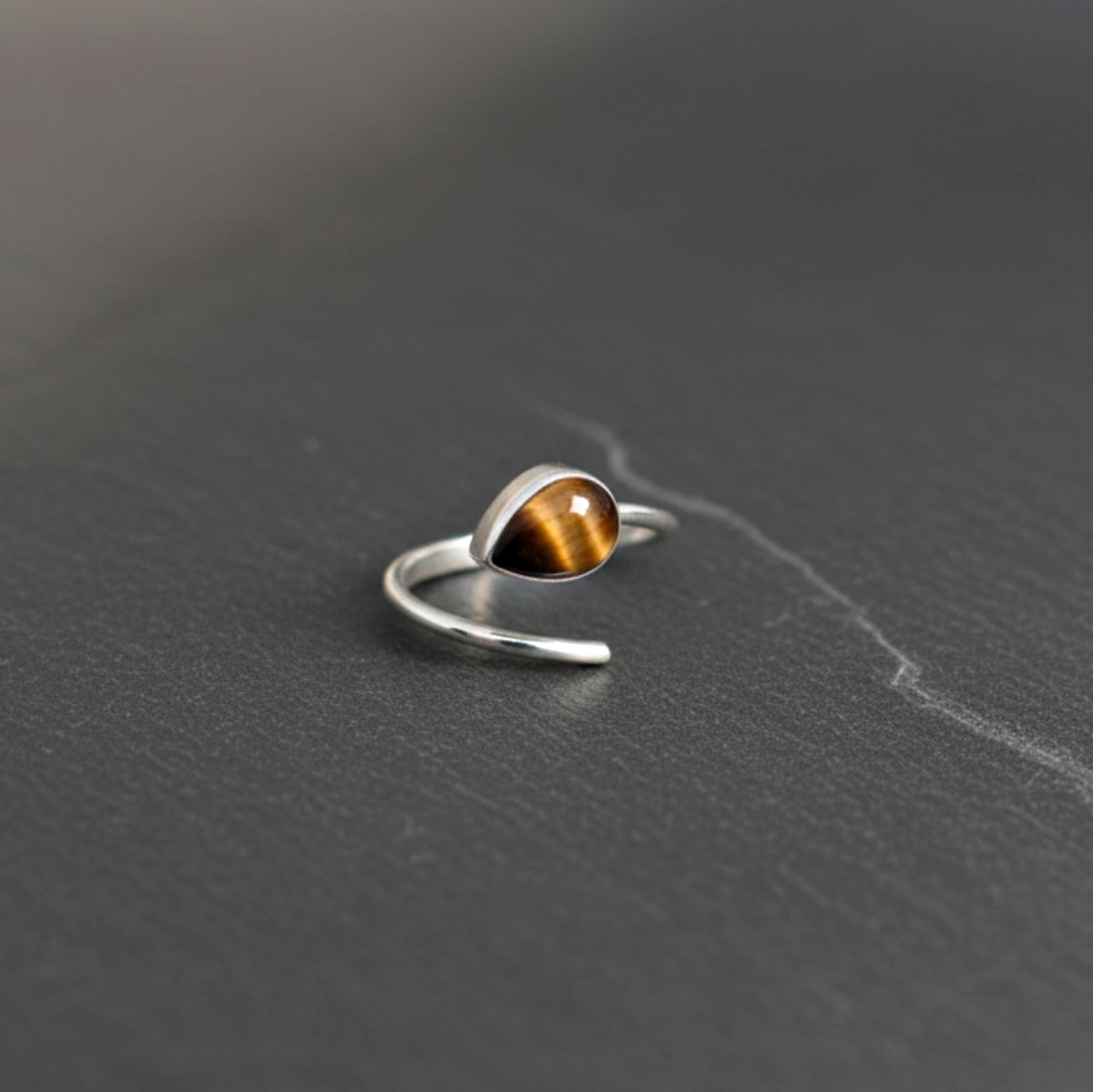 

Pear Shape Tiger Eye Statement Ring, 925 Sterling Silver Open Band Ring, Minimalist Adjustable Stacking Ring for Women 12 срібний